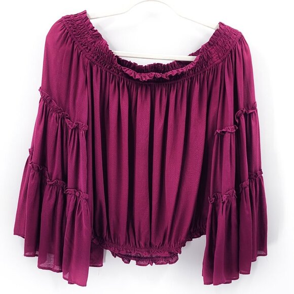 FREE PEOPLE Festival Free Spirit Top Off Shoulder Bell Flare Sleeve Magenta - Picture 4 of 6